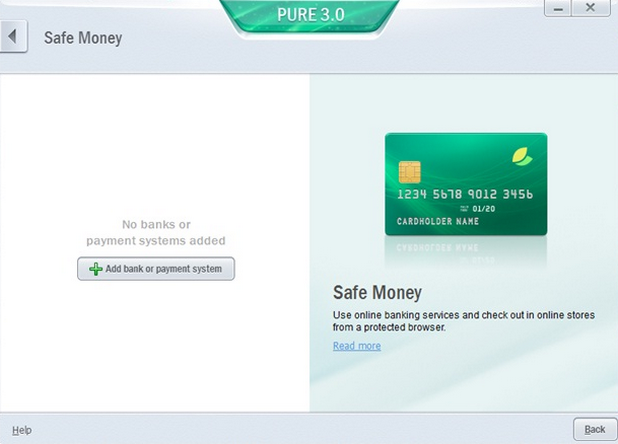 С помощта на новата технология „Безопасно плащане“, Kaspersky PURE 3.0 проверява дали всички уебсайтове, които изискват банкови, разплащателни данни или информация за пазаруване, са автентични
