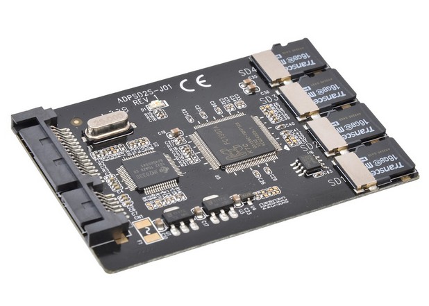 Конверторът обединява до четири microSD карти, всяка с обем до 32 GB