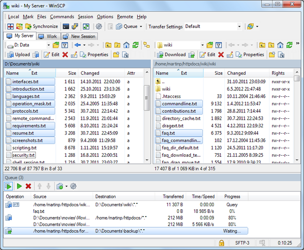 WinSCP позволява сигурен трансфер на файлове между локален и отдалечен компютър