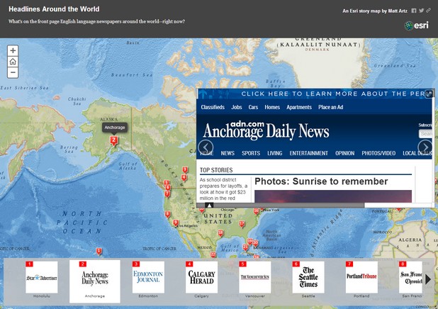 Storymap позволява четене на 86 от англоезични медии върху интерактивна уеб карта
