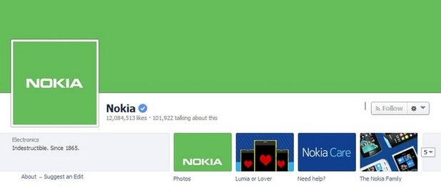 Facebook страницата на Nokia смени за кратко цвета си от син на зелен 