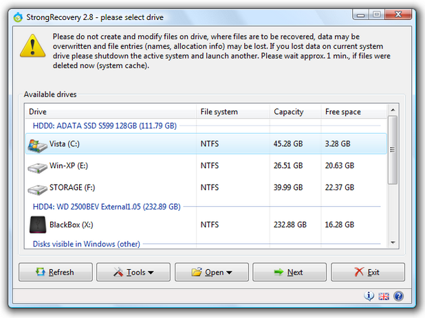 StrongRecovery поддържа множество файлови системи, вкл. NTFS, FAT16, FAT32, HPFS и EXFAT