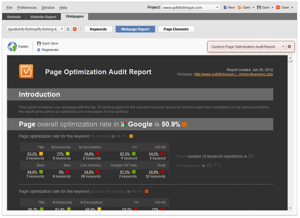 WebSite Auditor представя всички събрани данни от анализа на сайта в подробен отчет, на базата на който могат да се предприемат конкретни действия за подобряване
