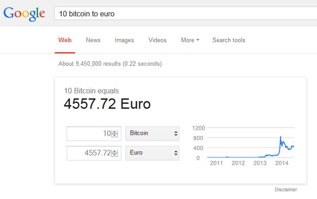 Достатъчно е да напишете „5 bitcoin to euro” в англоезичната версия на Google и ще получите резултат директно в страницата за търсене