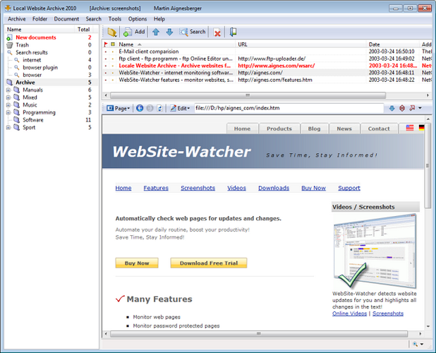 Local Website Archive може да се използва като добавка към WebSite-Watcher