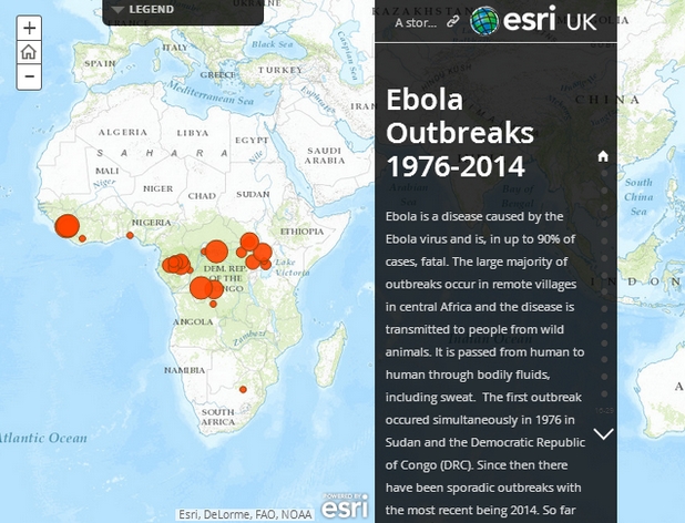 Уеб картата на Есри преминава през всички регистрирани огнища и известни факти, свързани със смъртоносния вирус