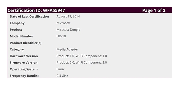 Miracast донгълът HD-10 на Microsoft вече е сертифициран от Федералната комисия по комуникации (FCC) на САЩ