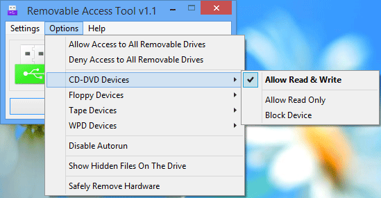 Removable Access Tool поддържа няколко опции за достъп до устройствата за съхранение