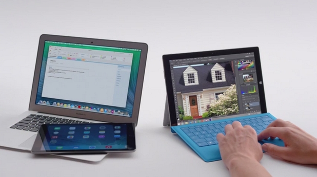 Според Microsoft, потребителите на Apple вече няма нужда да носят със себе си MacBook Air и iPad, тъй като могат да имат и дветe устройства в таблета Surface Pro 3