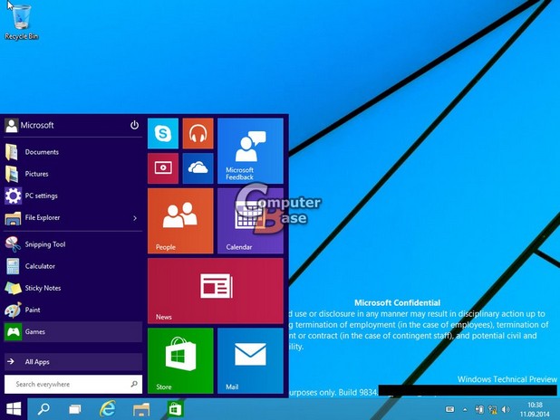 Новото Start меню съчетава класическия дизайн на Windows 7 с модерни елементи като „живите плочки” (снимка: computerbase.de)