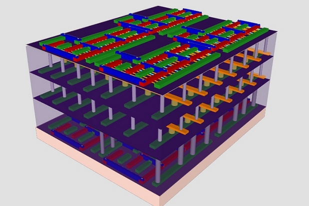 При новата архитектура на чипа слоеве логика и памет се разполагат едни над други (източник: Станфордски университет)