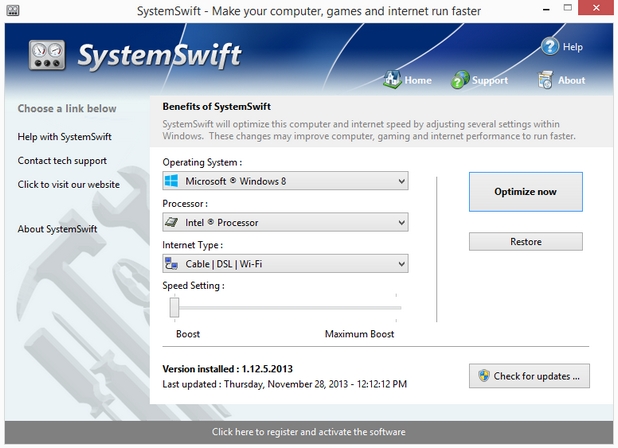 SystemSwift извършва серия от настройки, които ускоряват работата на компютъра, игрите и интернет достъпа