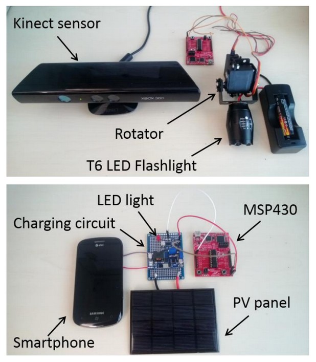 Прототипът на системата AutoCharge на база Kinect (горе) и на смартфона с фотоволтаичен панел (източник: Microsoft Research Китай)