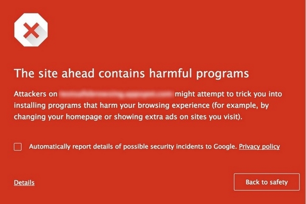 Когато открие нежелан софтуер в даден сайт, Chrome извежда голям червен банер с предупреждение