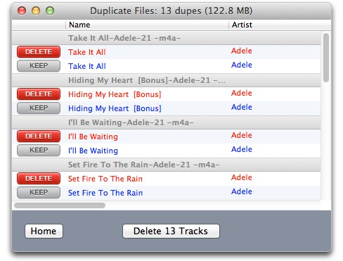 Dupe Away автоматично сканира iTunes библиотеката и открива дублираните файлове