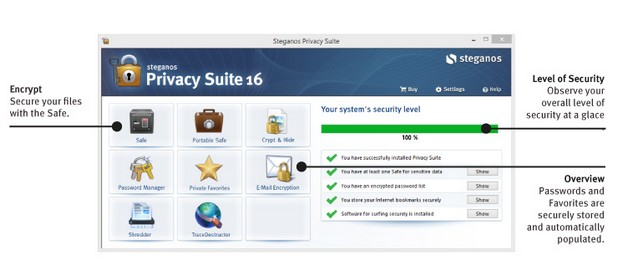 Steganos Privacy Suite позволява създаване на сигурно място - сейф, където се съхраняват конфиденциалните данни