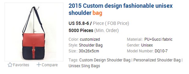 Чанта, имитация на Gucci, се предлага за няколко долара в Alibaba, докато оригиналът струва стотици долари