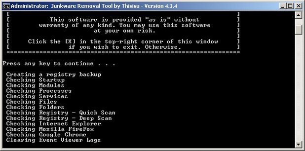 Junkware Removal Tool сканира компютъра и премахва адуер, тулбарове и други нежелани програми