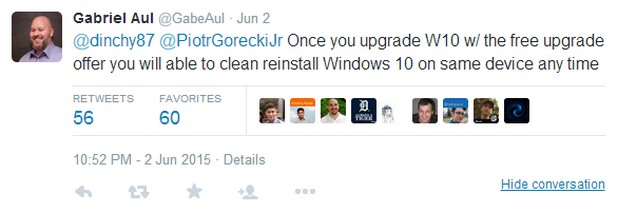 Габриел Аул уверява, че след като веднъж са обновили компютрите си безплатно до Windows 10, потребителите могат да извършат чисто преинсталиране на системата