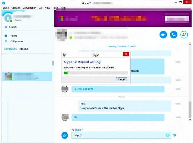 Skype за Windows, Android и iOS спира аварийно при изпращане на съобщение във вида http://:
