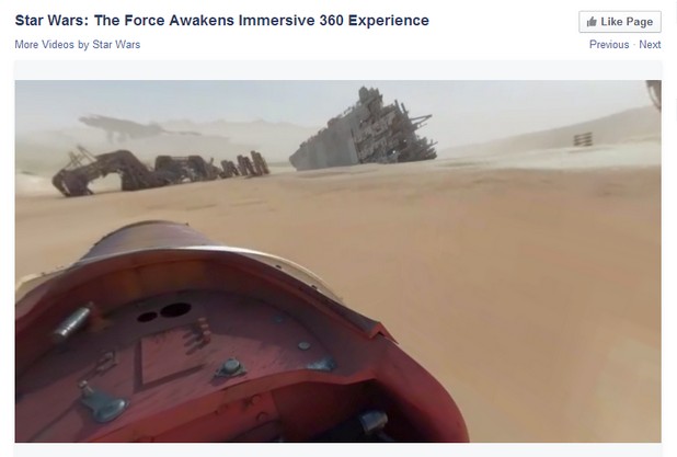 Disney и Lucasfilm първи се възползваха от новата функция във Facebook с видео на пътуване из пустинята Джаку, рекламирайки дългоочакваното продължение „Междузвездни войни: Силата се пробужда”