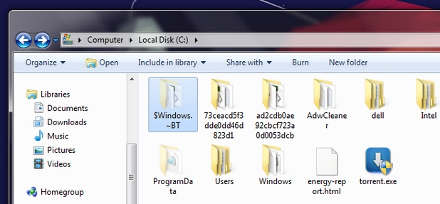 Файловете на Windows 10 се намират в папка $WINDOWS.~BT
