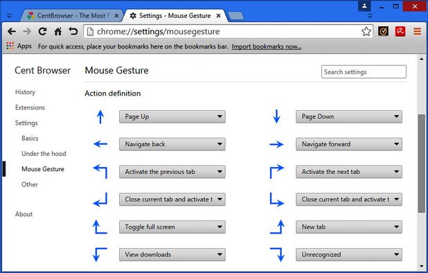 Една от най-интересните възможности на Cent Browser е жестовото управление с мишката