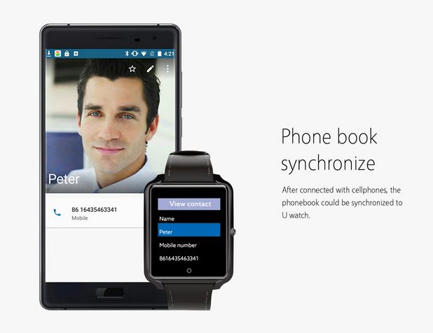 Bluboo U watch е синхронизира лесно с контактите, съхранаявани в смартфона