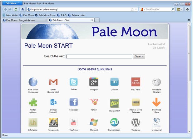 Pale Moon е браузър с отворен код, с поддръжка на почти всички Firefox разширения и теми