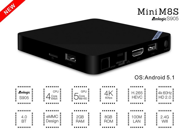Mini M8S TV Box Mini M8S TV Box има компактни размери 11,00x11,00x1,70 см и тежи само 153 грама