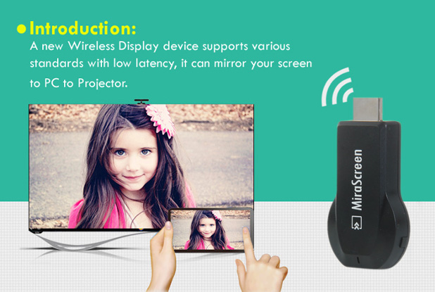 MiraScreen 2.4GHz Wi-Fi Display Dongle се свързва към HDMI порта на телевизора и показва на него съдържание от смартфона или таблета
