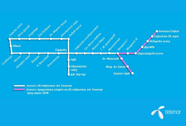 LTE мрежата на Теленор е налична в маршрутите от метростанция „Обеля” до станция „Цариградско шосе” и от станция „Ломско шосе” до станция „Джеймс Баучър”