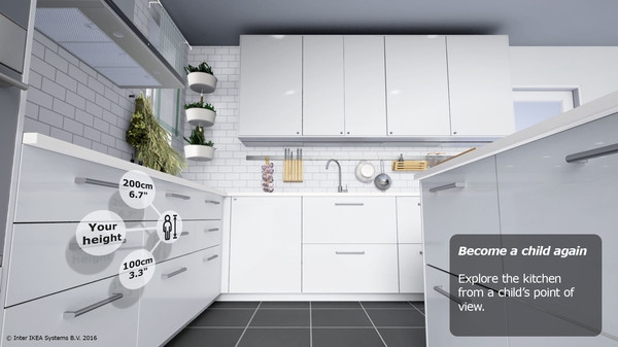 Потребителите на Ikea VR Experience могат да променят цвета на шкафчетата в различни кухни и да ги разглеждат с очите на дете или възрастен