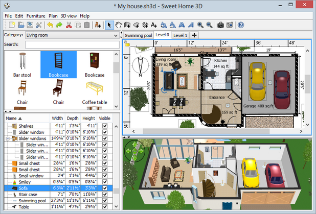 Sweet Home 3D позволява създаване на план на жилището и разполагане на мебелите в него, а резултатът се показва в 3D