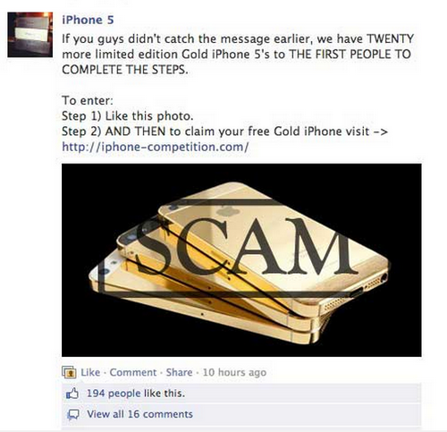Фалшива Facebook оферта примамва потребителите с награда златен iPhone 5