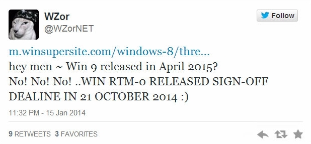 WZor разбуни духовете в мрежата с твърдение, че Windows 9 ще излезе през октомври 2014 г.