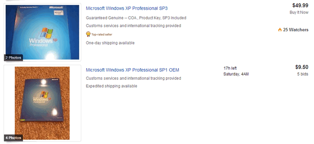 Цените на Windows XP варират от 10 до 100 долала в онлайн аукциона eBay