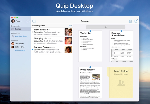 Quip Desktop може да работи на настолни и мобилни компютри под управление на Windows и Mac OS X
