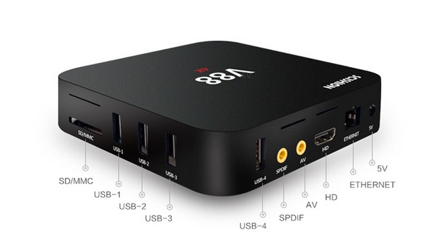V88 TV Box разполага с богат набор от портове, вкл. 4 броя USB за свързване на външни устройства