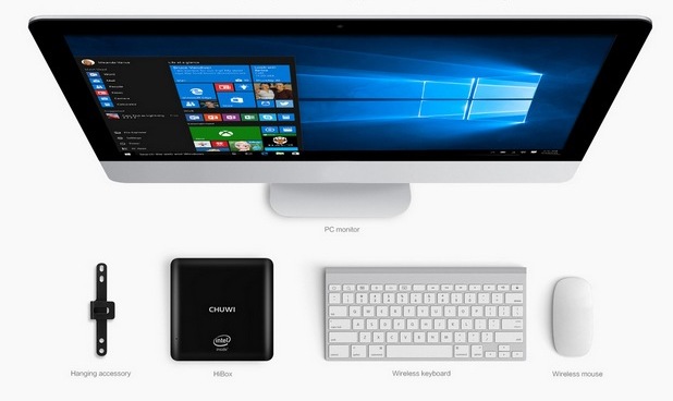 В типичната конфигурация CHUWI HiBox Mini PC се комплектува с монитор и безжични клавиатура и мишка