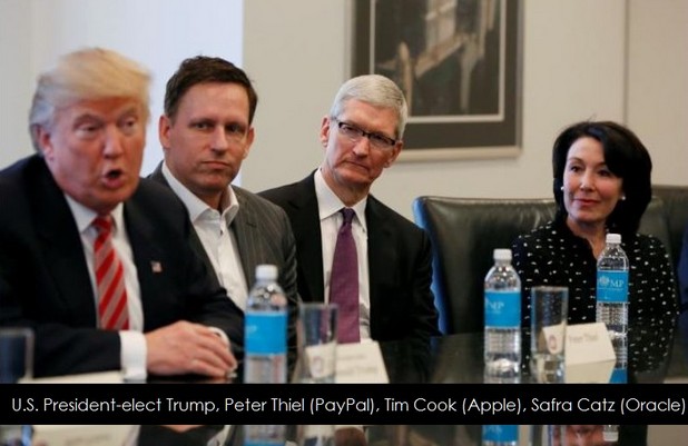 Участието на Сафра Кац (вдясно) в срещата на ИТ лидерите с Доналд Тръмп предизвика сериозни сътресения в Oracle (снимка: профил на Джордж Полайснър в LinkedIn)