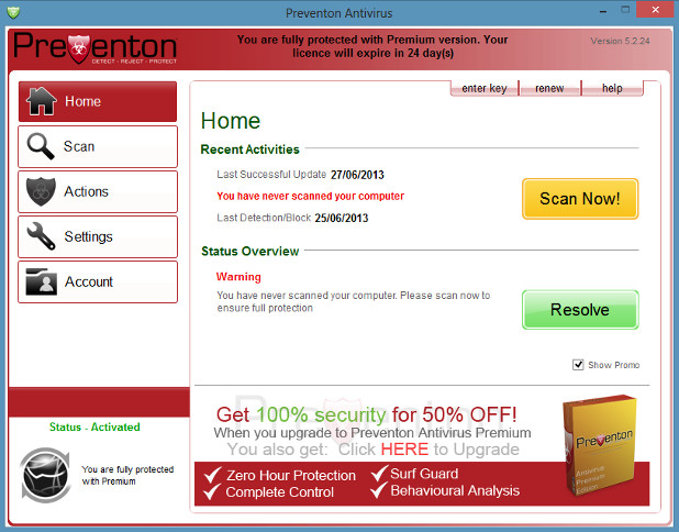 Всички функционалности на Preventon Antivirus Premium са достъпни с един клик