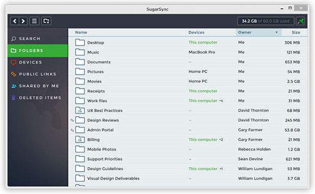 SugarSync има удобен интерфейс с табове за лесно превключване между различните функционалности