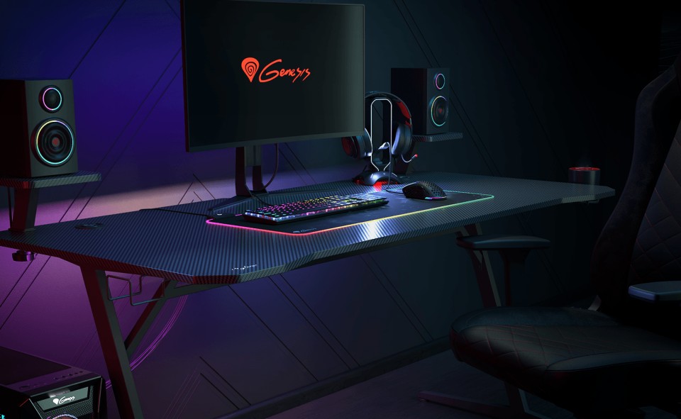 Вграденото RGB LED осветление на гейминт бюрото добавя усещане за