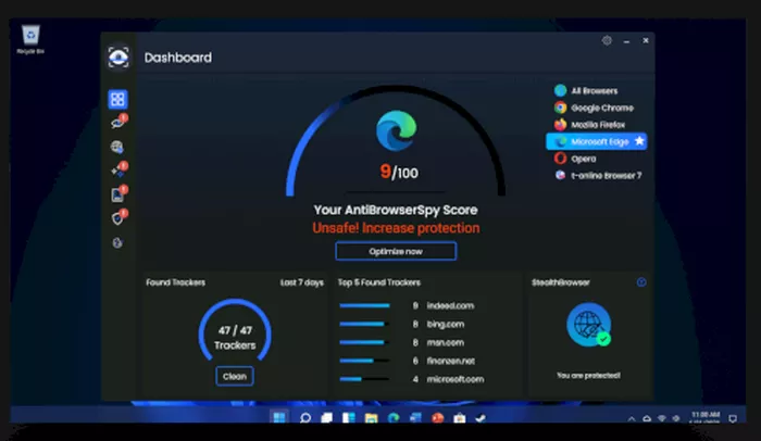 Интерфейсът на AntiBrowserSpy е модерен, минималистичен, с лесен достъп до