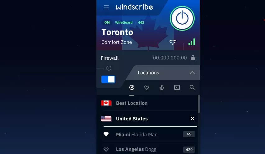 След избор на местоположение, Windscribe автоматично създава криптирана връзка(екранна снимка: